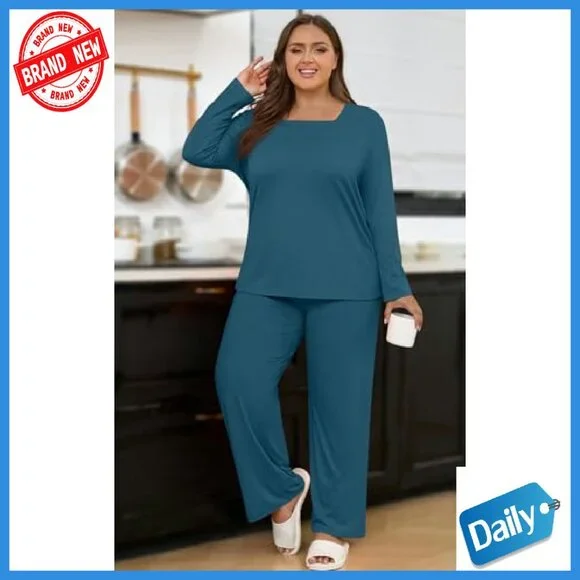Plus Size Long Sleeve Pajama Set with Pockets, Rayon Spandex - Picture 5 of 8